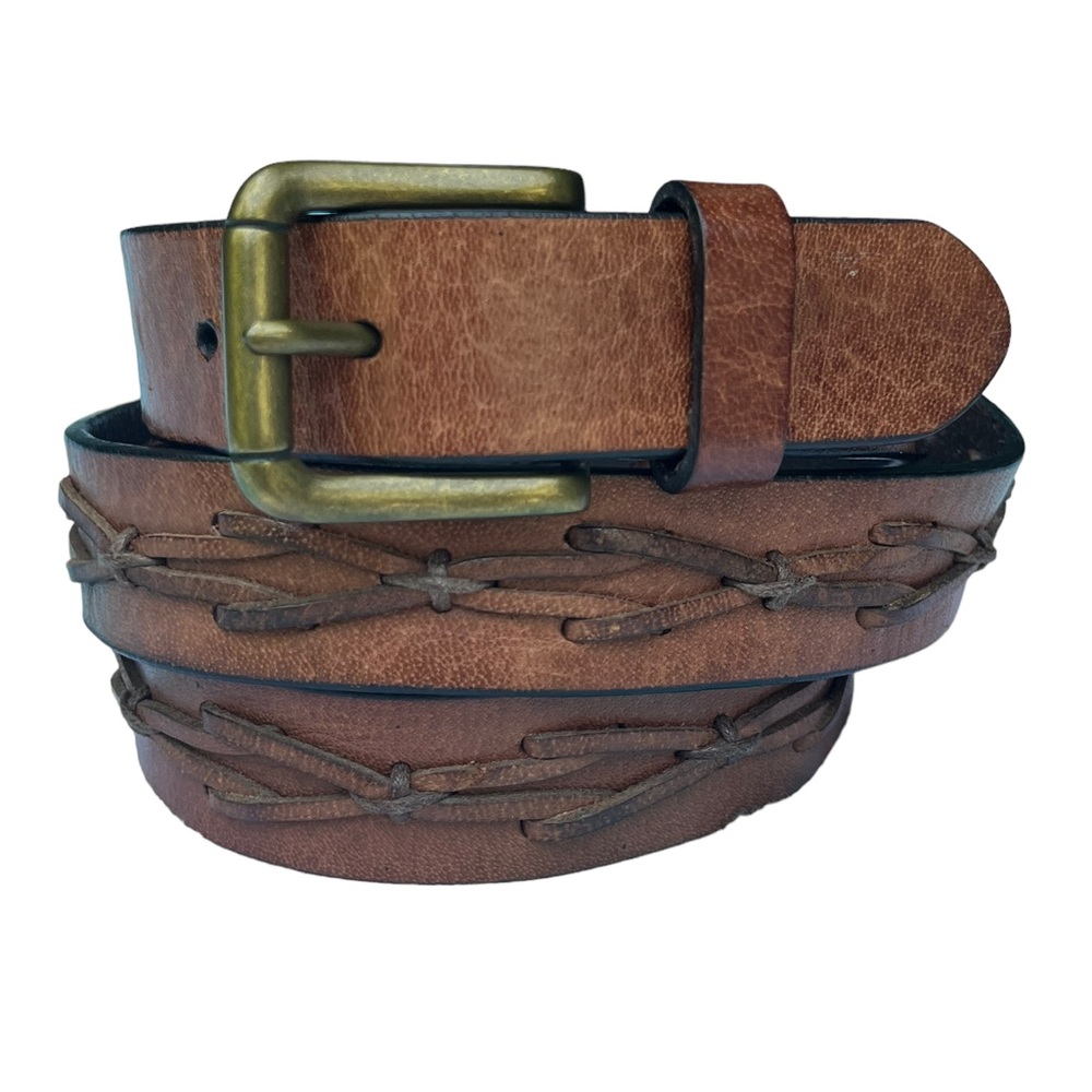 Vintage Brown Leather Belt Men XL 44/110 Western Style Hand Stitched Design Boho - Picture 1 of 12